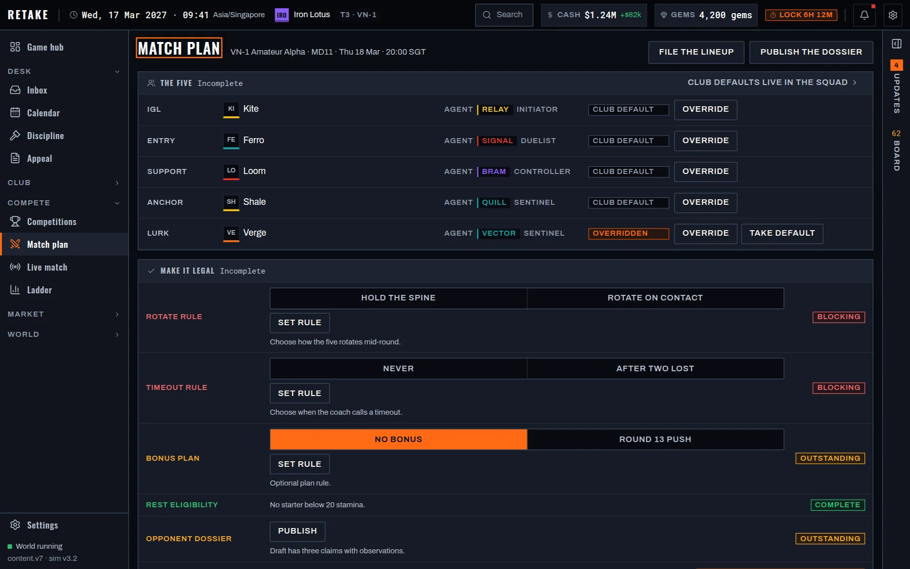 Match plan screen: the five players with their agents, and the rules they will play by